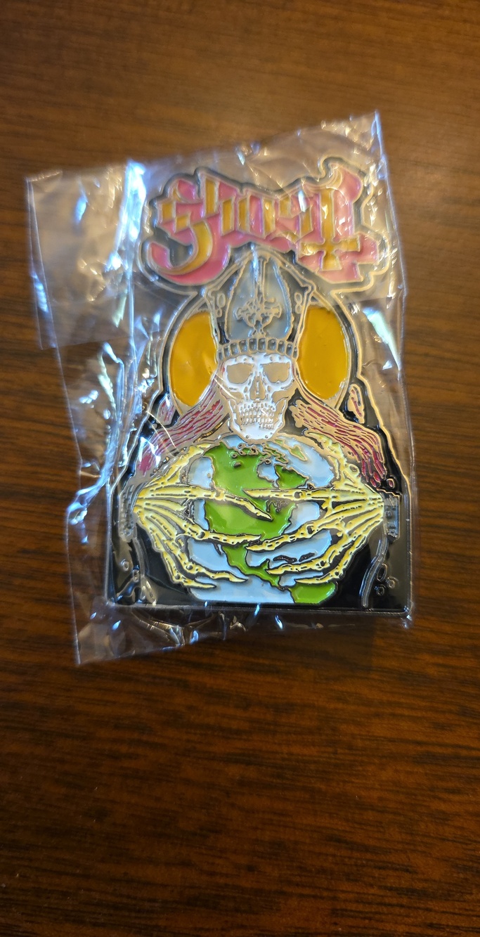 Ghost Blood Ceremony Enamel Pin - Multicolor Skull & Globe Design